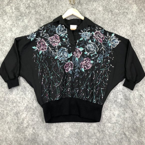 Vintage Sweaters - Vintage 80s 90s Sweater Size L Womens Glitter Floral Dolman 3/4 Sleeve Black